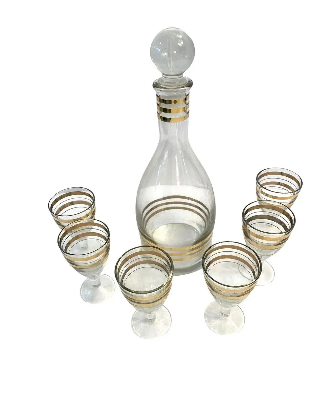 MCM Clear Glass Decanter 6 Glasses Gold Accent Dapper Debonair Classic Bar Set
